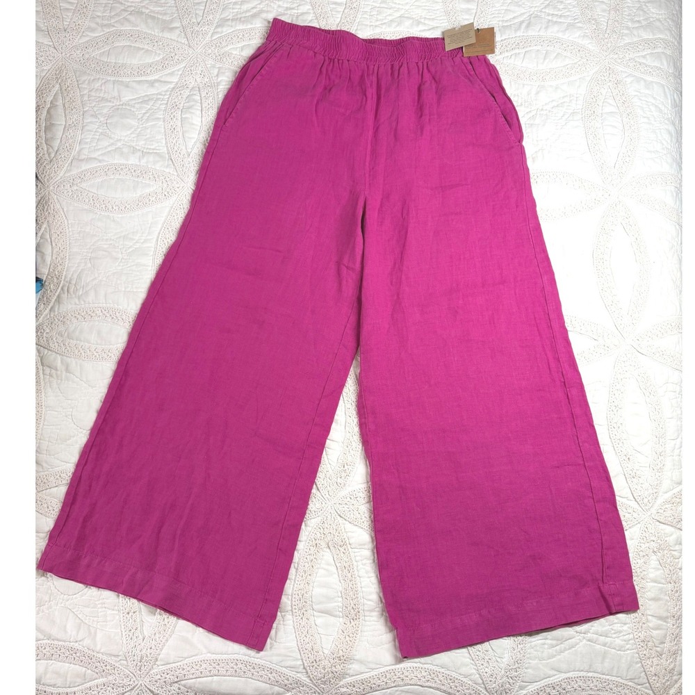 100% Linen NWT River + Sky Wide Leg Pants Magenta Pink Elastic Waist Boho Large